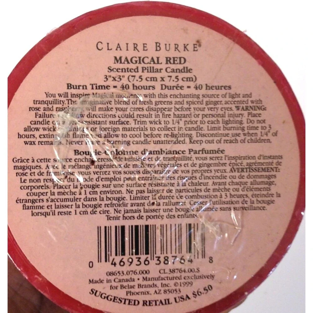 Vtg Claire Burke Pillar Candle Magical Red Scented Fragranced - 3 x 3 - 40 Hours